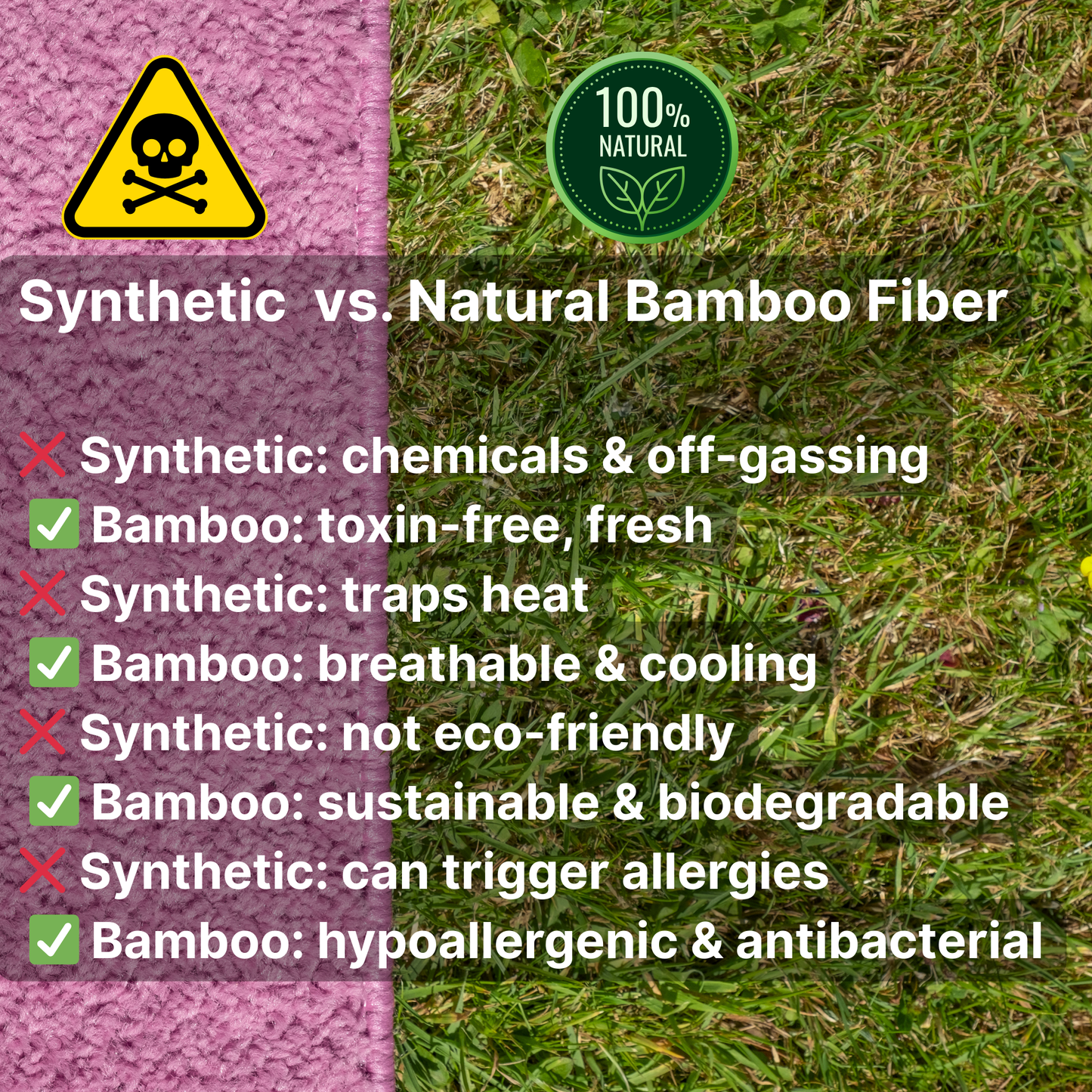 Comparison chart of synthetic vs. natural bamboo fiber on a green and pink background.