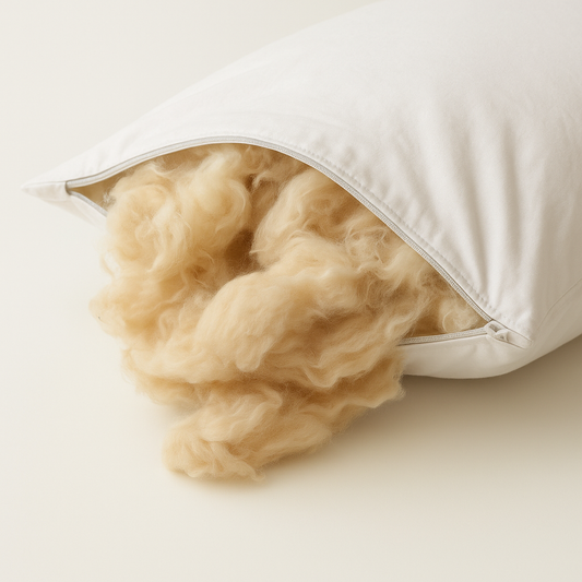 Natural Kapok pillow with soft Kapok fiber spilling from an unzipped cotton cover, showing adjustable eco-friendly support.