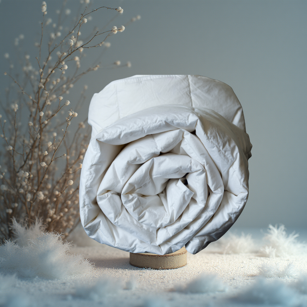 Rolled-up white wool duvet on a stand with a soft, blurred background