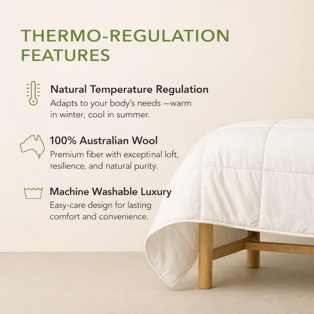 White Australian wool duvet thermo-regulation features infographic showing breathable wool, all-season comfort, and machine washable luxury.