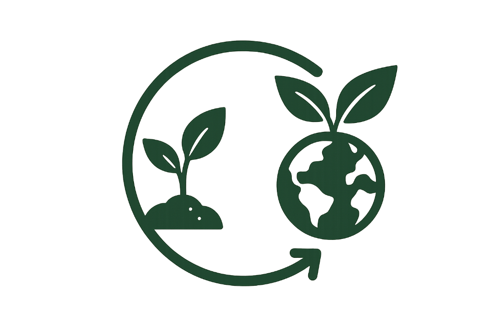 Green icon of a globe with leaves and a recycling symbol on a white background
