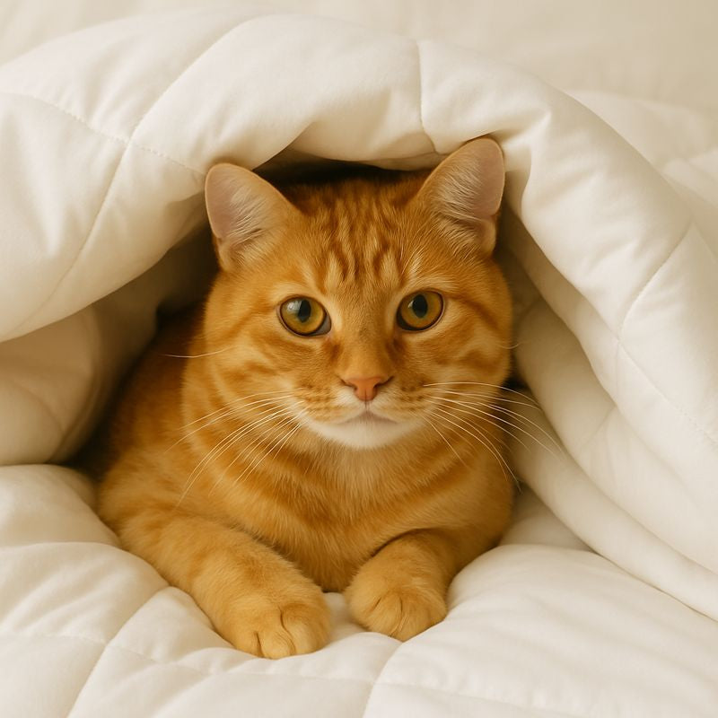 Orange tabby cat peeking out from under a white natural Wool Duvet.