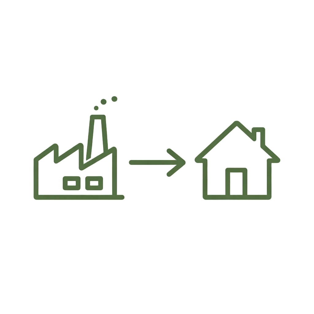 Factory icon with an arrow pointing to a house, symbolizing a sale from factory to customers direct.