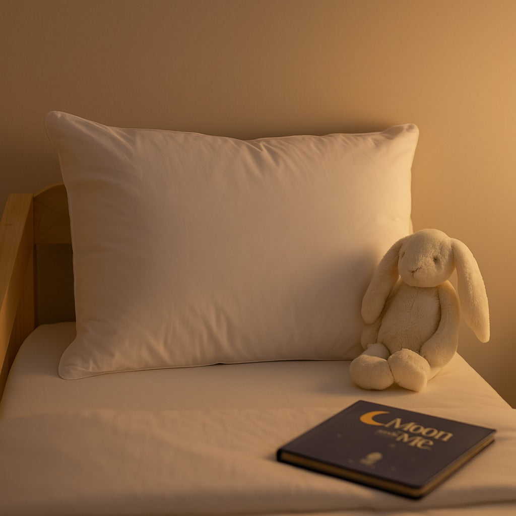 Feather-filled pillow with 100% cotton cover on a bed in a softly lit kids’ bedroom, bunny toy nearby