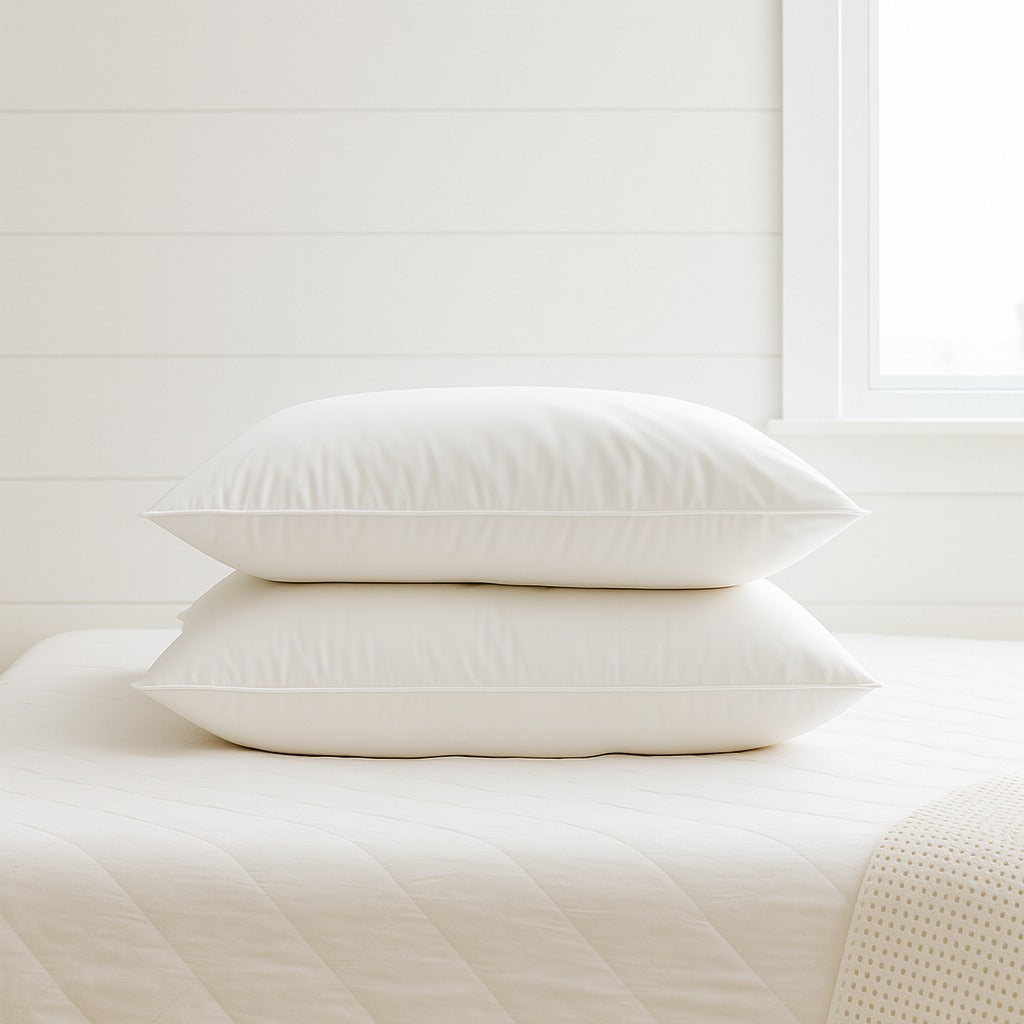 Two white natural feather pillows with 100% cotton covers placed on a neatly made bed.