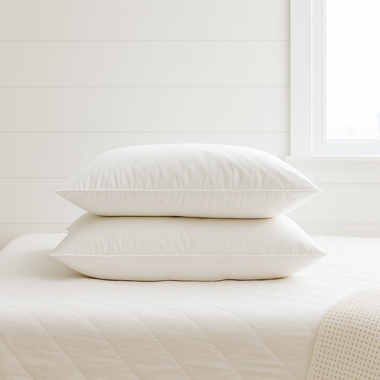 Two white natural feather pillows with 100% cotton covers placed on a neatly made bed.