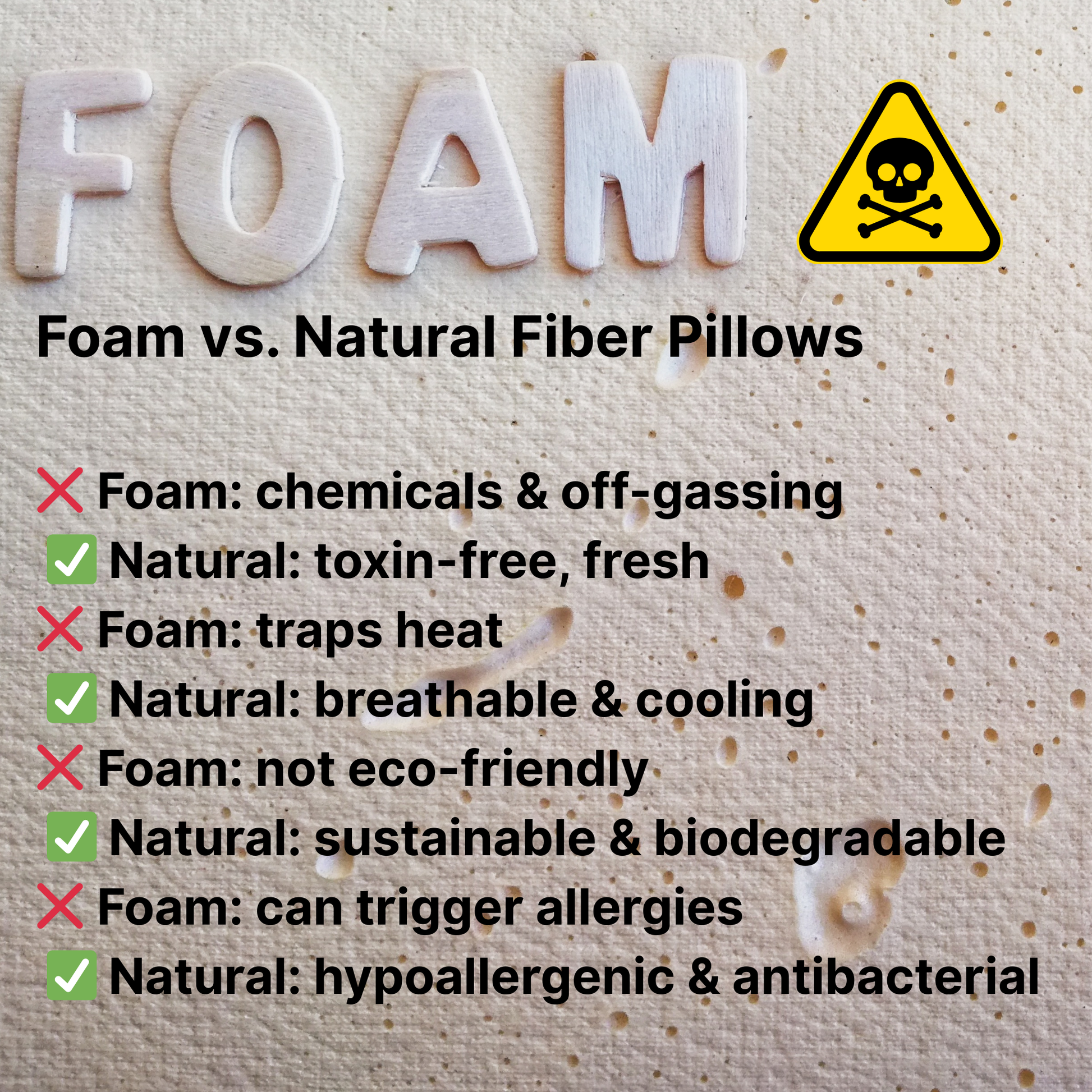 Foam pillow versus natural fiber pillow comparison – natural fibers are breathable, hypoallergenic, eco-friendly, and healthier than synthetic foam
