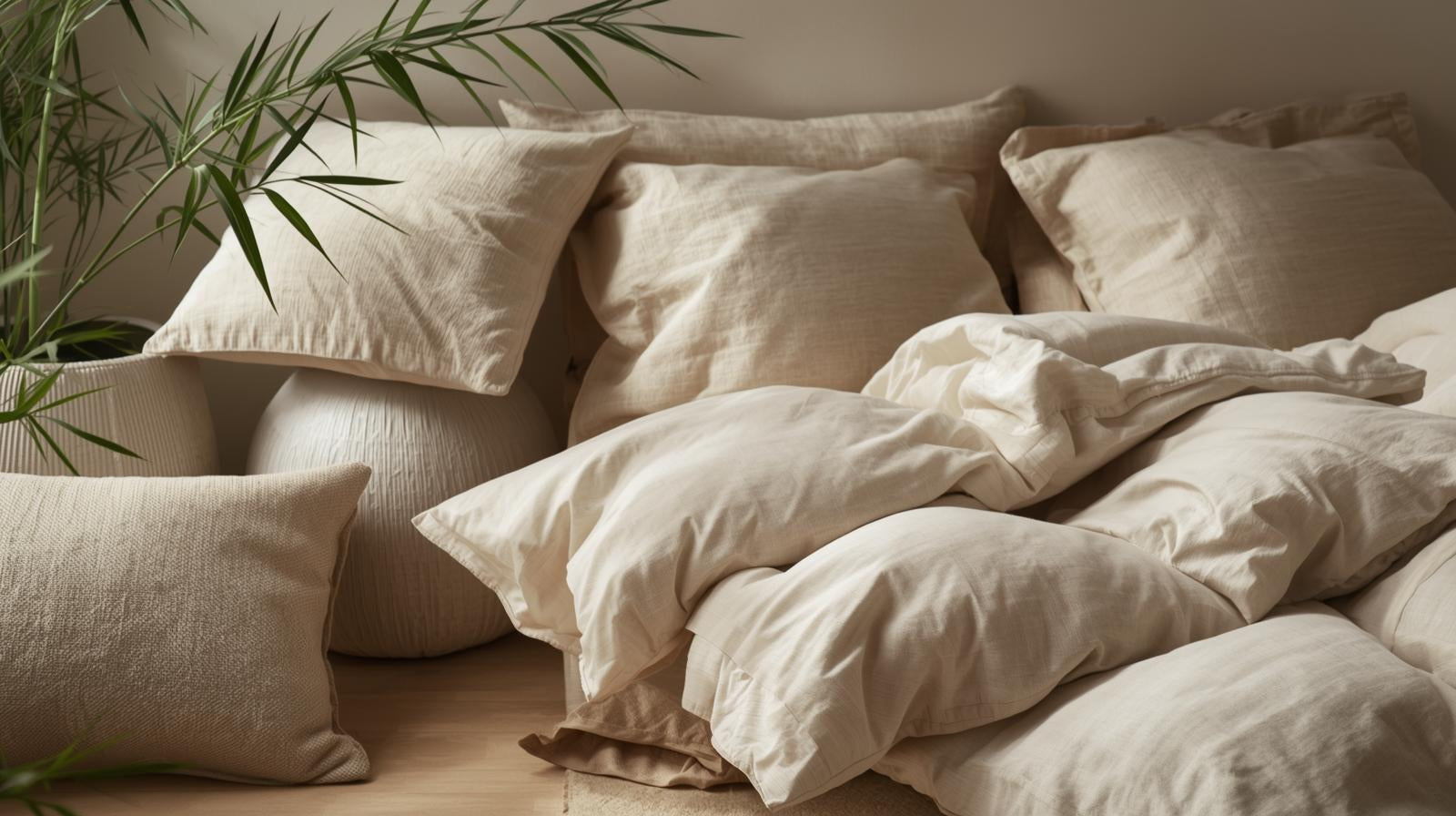 Neatly arranged kapok pillows and a bamboo duvett on a bed with a plant in the corner.