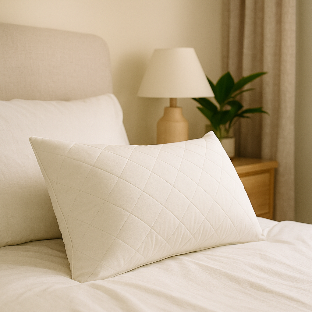 Natural Serenity Pillow displayed on a modern bedroom bed, made with organic cotton shell, Australian wool layer, and adjustable kapok–natural latex core for breathable natural comfort.