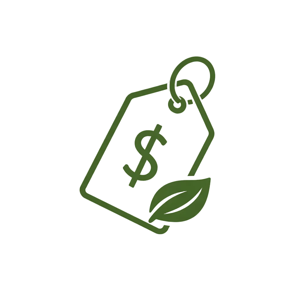 Green icon of a price tag with a dollar sign and leaf on a white background