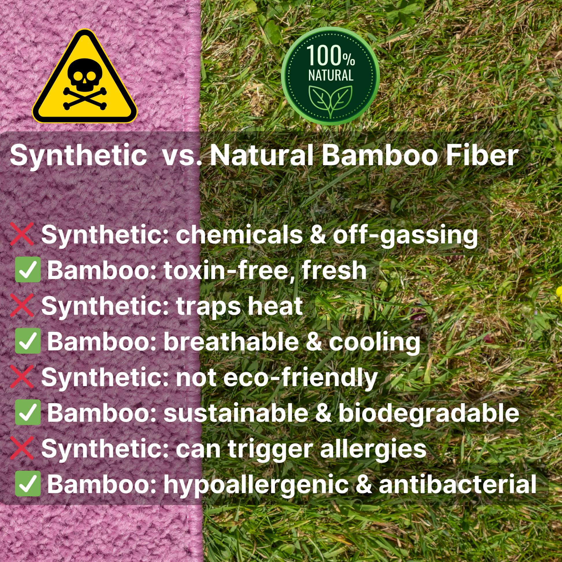 Comparison chart of synthetic vs. natural bamboo fiber on a green and pink background.