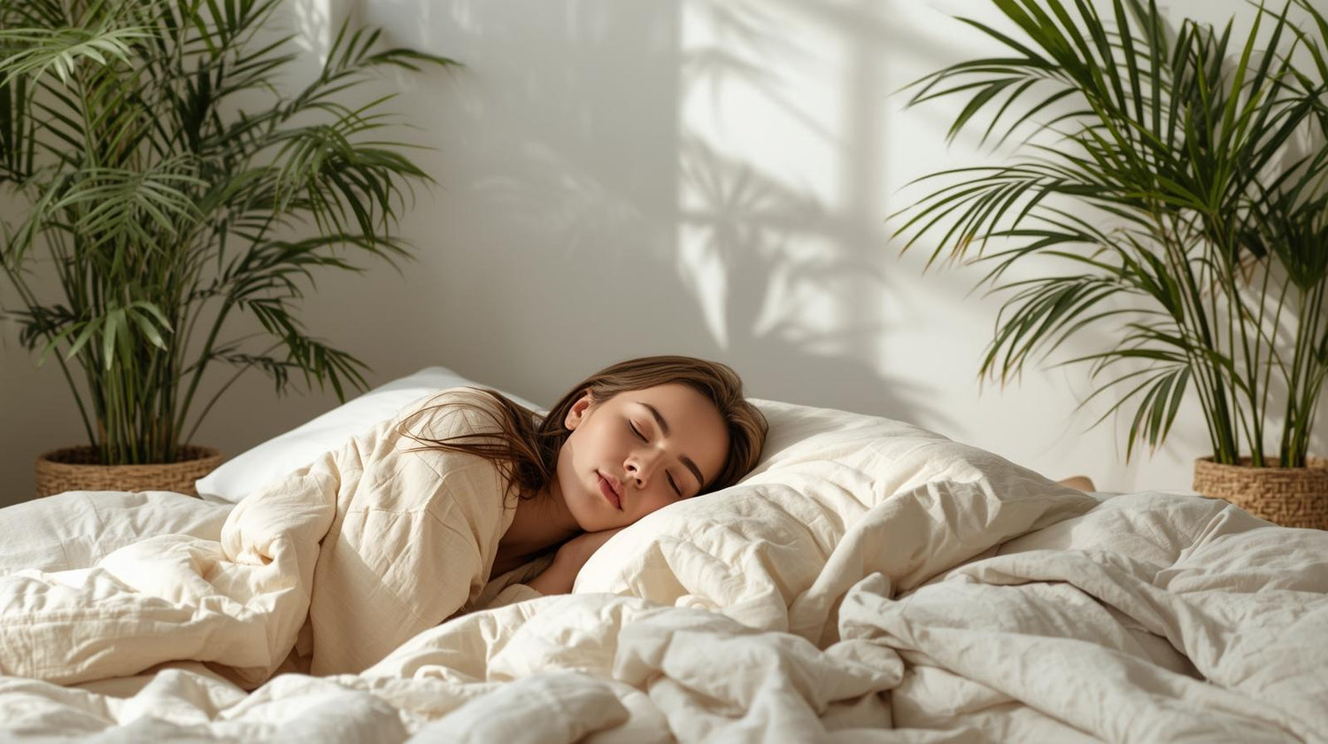 a lady is sleeping in a light bedroom with a natural kapok pillow covered in a bamboo blanket.