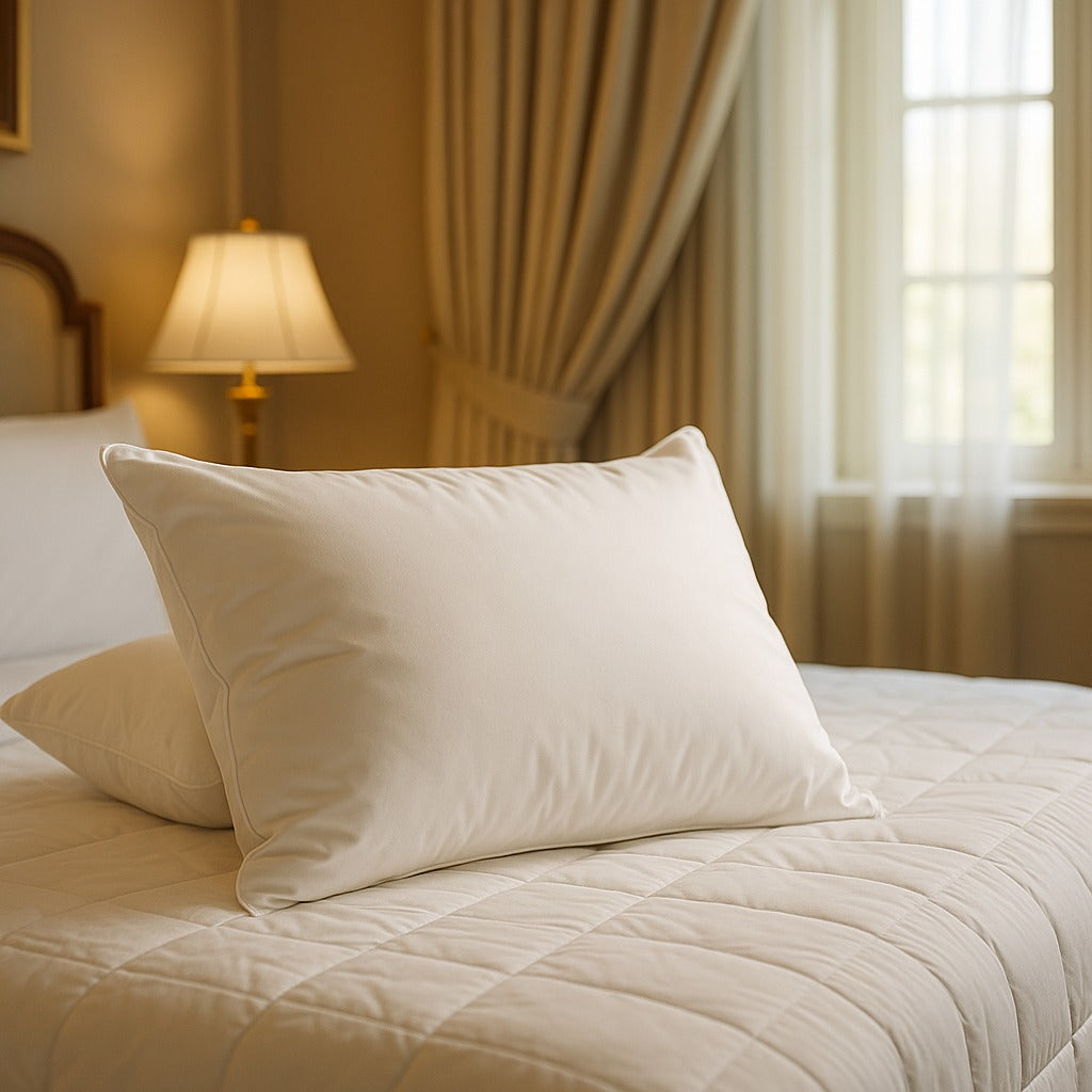 Two white natural feather pillows with 100% cotton covers on a bed in a cozy, dimly lit bedroom