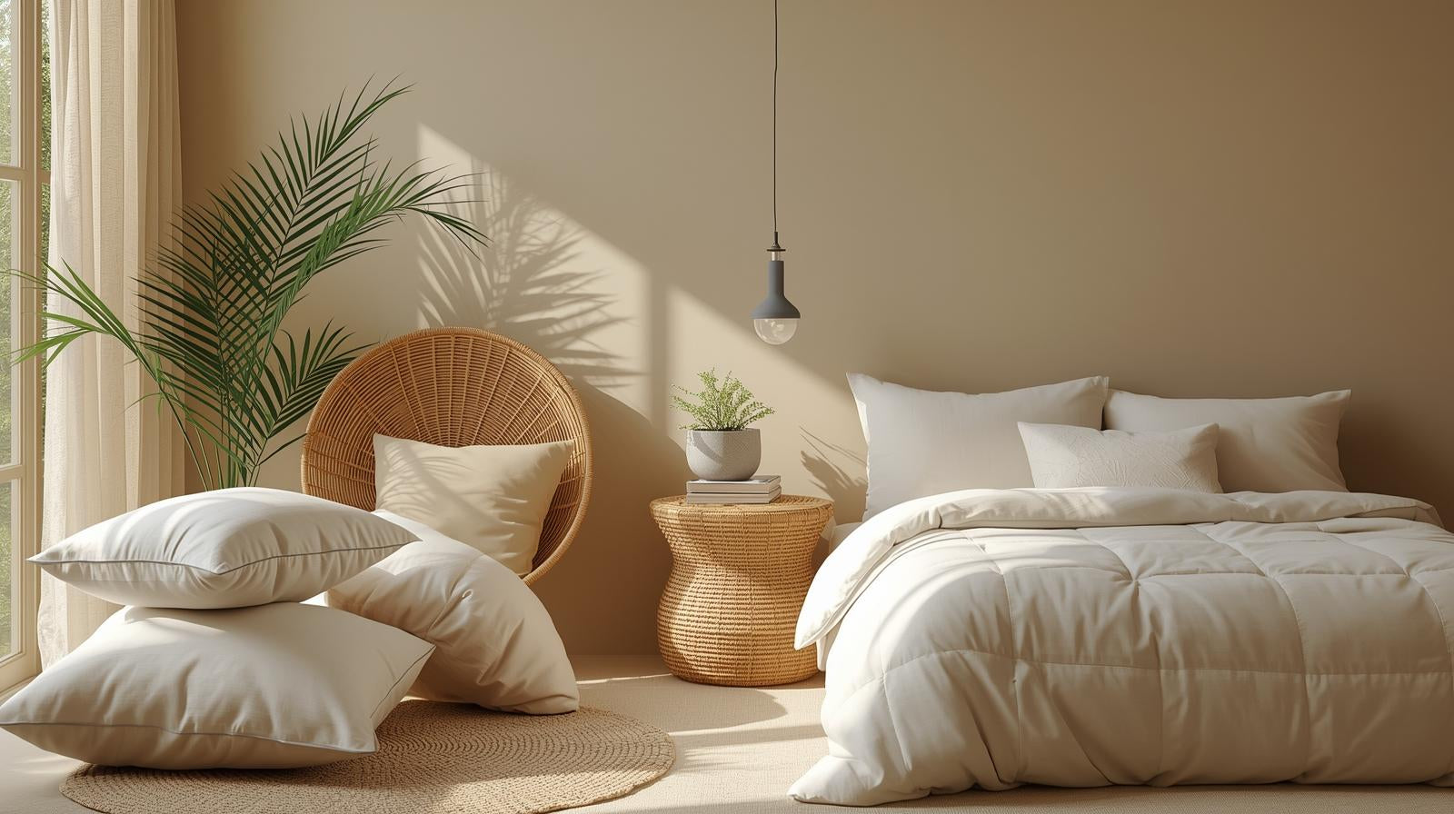 Cozy bedroom with beige walls, a bed with white natural bamboo duvet, and organic kapok pillows.