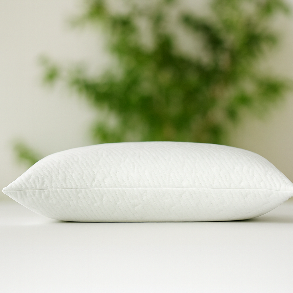 “Organic Kapok pillow displayed on a clean white surface with soft green foliage in the background, highlighting its natural and eco-friendly design.