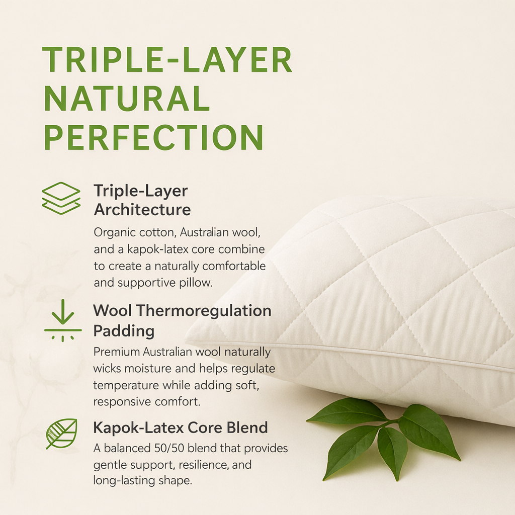 Triple-Layer Natural Architecture
Organic Cotton • Australian Wool • Kapok–Latex Core
