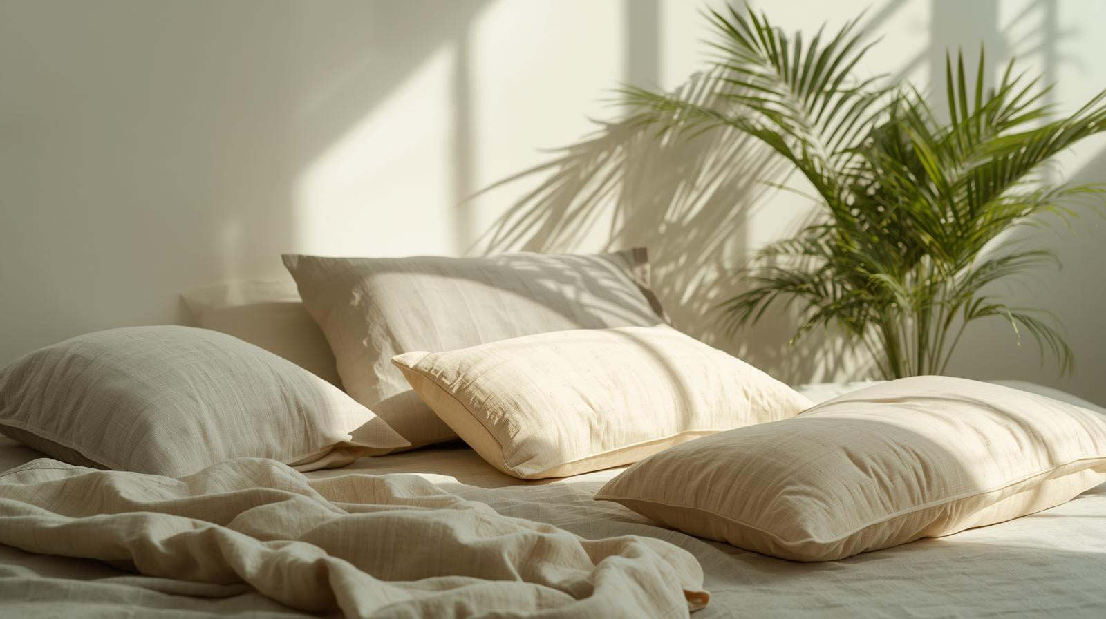 Neatly made bed with beige pillows and quilt, sunlit room with a plant.