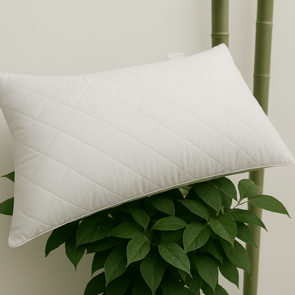Natural Serenity organic pillow on a green display, natural wool and latex pillow for healthier sleep.