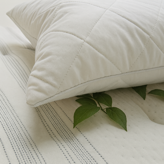 Close-up of a organic cotton serenity pillow on a textured surface with green leaves.